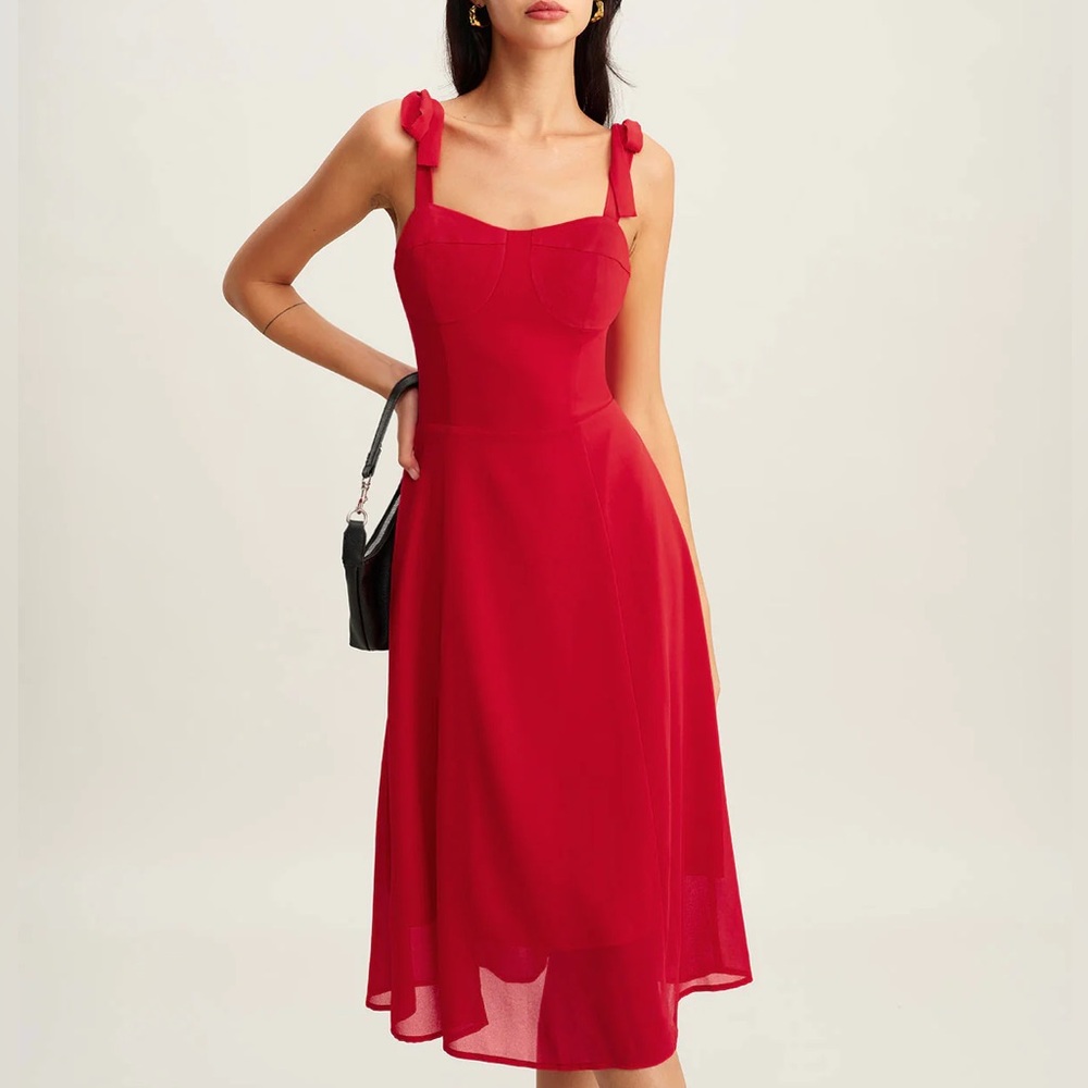 Rihoas Red Sweetheart Neck Tie Strap Midi Dress